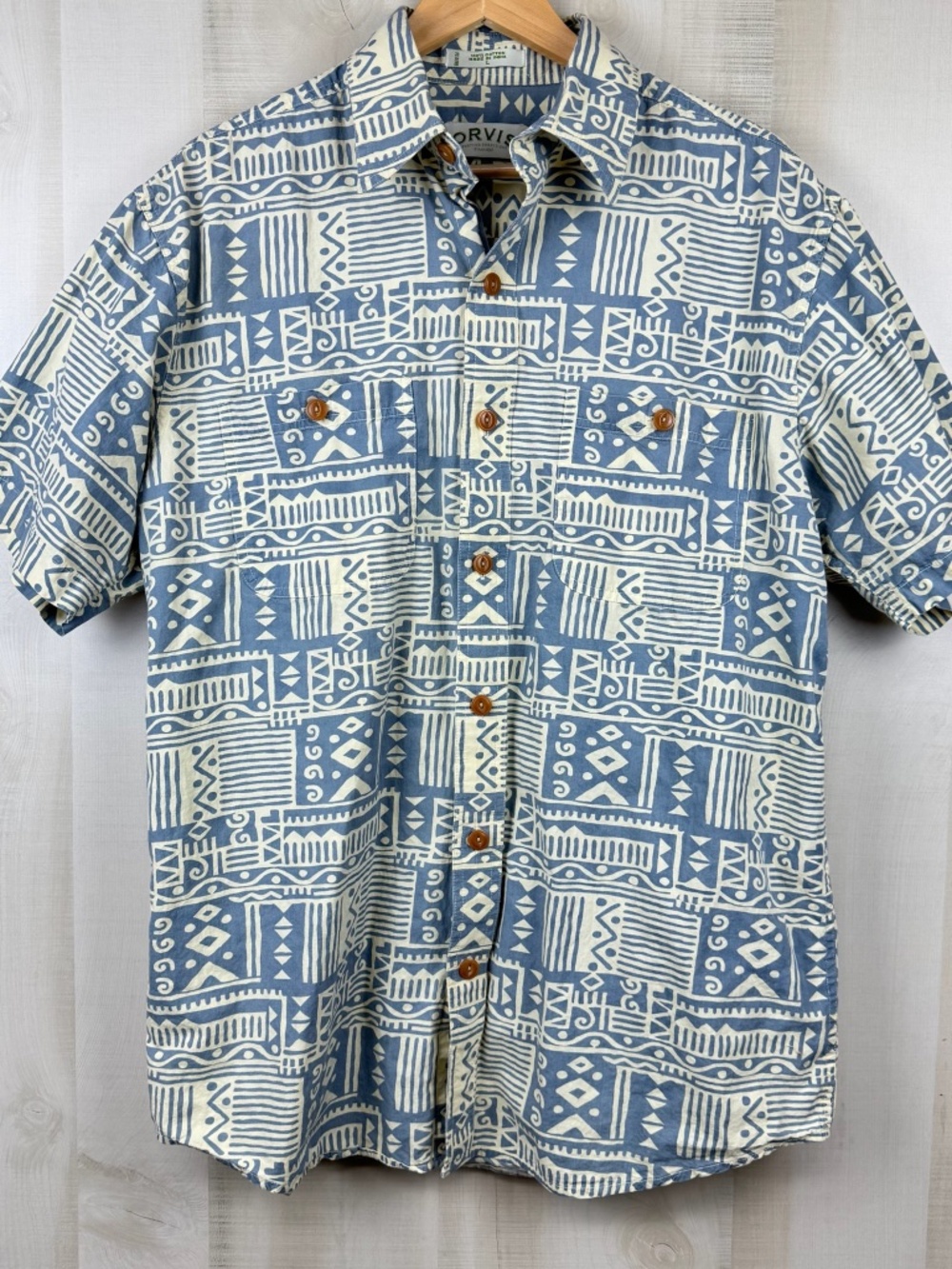 Vintage Orvis Men’s Camp Hawaiian Shirt Blue Cream Tribal Geometric Print Large